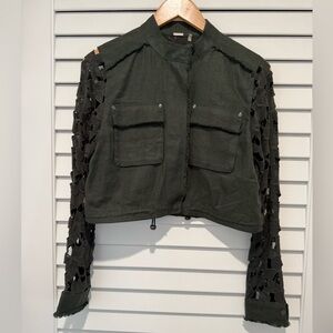 Elie Tahari Green Cotton Utility Jacket with Lace-Up Sleeves